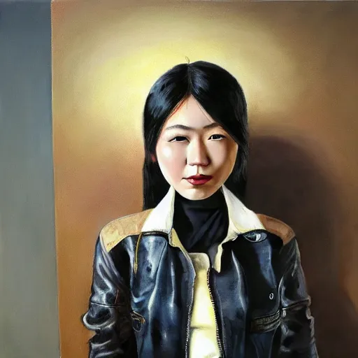Image similar to perfect, realistic oil painting of close-up japanese young woman wearing leather jacket, in Fallout