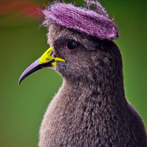 Prompt: a kiwi bird with a wooly hat, 35mm photograph