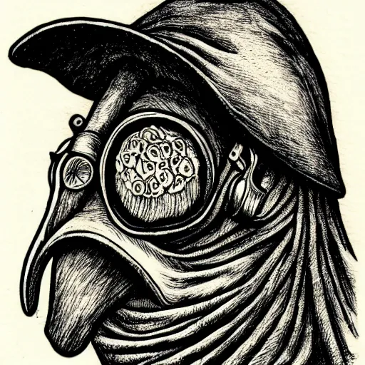 Image similar to plague doctor, detailed, pen and ink, stippling