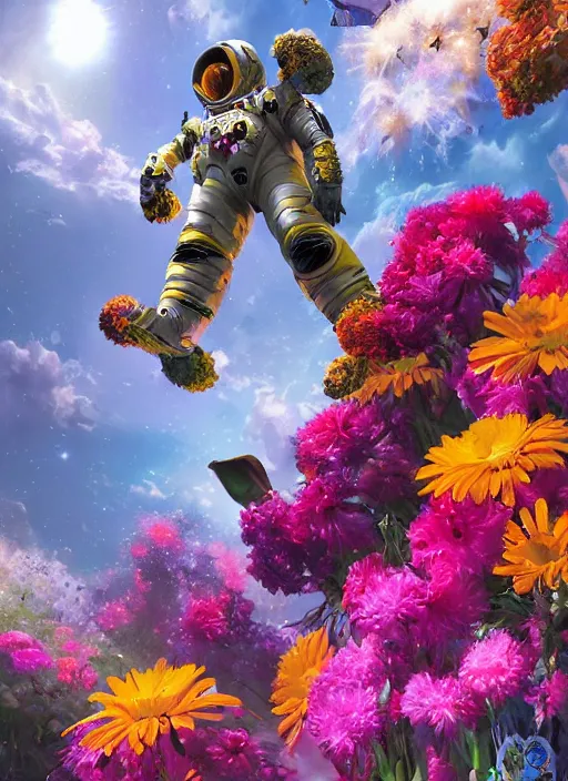 Image similar to An epic fantastic realism comic book style painting of the most beautiful flowers launched into space, bouquets, glorious galactic collision, fisheye lens, unreal 5, DAZ, hyperrealistic, octane render, dynamic lighting