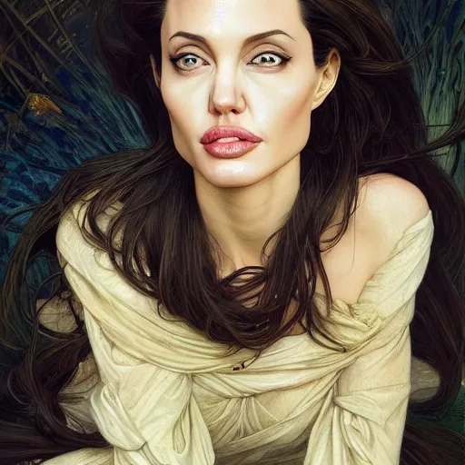 Image similar to Angelina Jolie, highly detailed, digital painting, artstation, concept art, smooth, sharp focus, illustration, ArtStation, art by artgerm and greg rutkowski and alphonse mucha and J. C. Leyendecker and Edmund Blair Leighton and Katsuhiro Otomo and Geof Darrow and Phil hale and Ashley wood and Ilya repin and Charlie Bowater