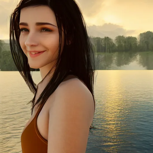 Image similar to real life photo of a beautiful girl, full body photoshoot, long black hair, full round face, short smile, brown shirt, lake setting, cinematic lightning, medium shot, mid - shot, highly detailed, trending on artstation, unreal engine 4 k, 8 0 mm, 8 5 mm, cinematic wallpaper