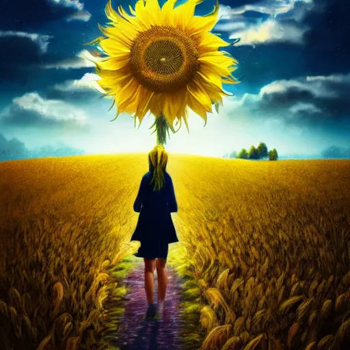 Image similar to huge sunflower head, girl walking in wheat field, hills, surreal photography, dark night, star trails, dramatic light, impressionist painting, clouds, digital painting, artstation, simon stalenhag