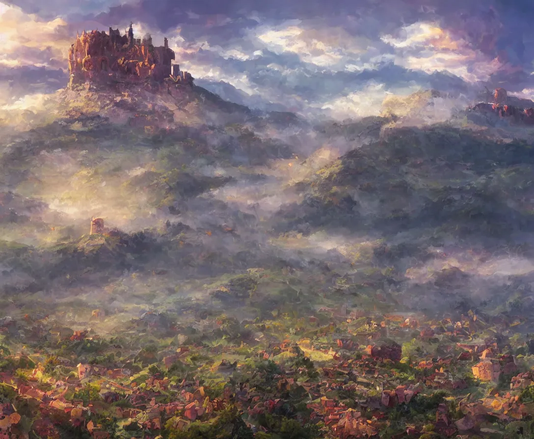 Image similar to Vast verdant empty flat valley surrounded by Transylvanian mountains. A huge zeppelin in the sky among colorful clouds. A ruined medieval castle on the hillside in the background. No villages or buildings. Late warm evening light in the summer, gloomy weather. High quality, fantasy art by Rhads.