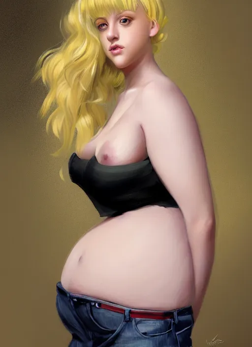 Image similar to full body portrait, teenage lili reinhart, blonde hair, obese, bangs, ponytail, sultry, realistic, sultry smirk, fluffy bangs, curly bangs, fat, belly, intricate, elegant, highly detailed, digital painting, artstation, concept art, smooth, sharp focus, illustration, art by wlop, mars ravelo and greg rutkowski