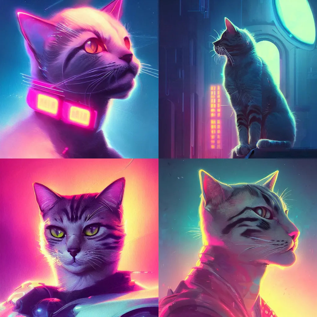 Prompt: detailed portrait of a cat, synthwave, retrowave, cyberpunk, illustration by Jordan Grimmer and Greg Rutkowski, trending on Artstation