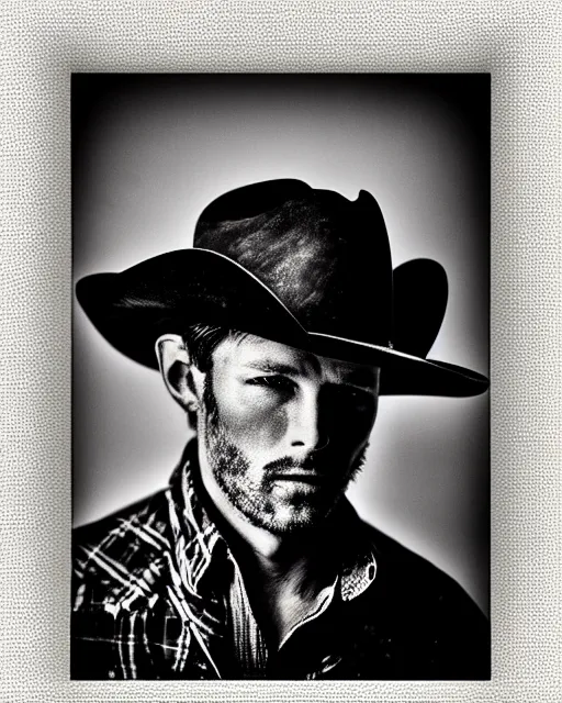 Image similar to portrait of cowboy, black and white polaroid, western, high production value, intricate details, high resolution, hyperrealistic, hdr, high definition, award winning photography, masterpiece, ultra realistic, highly detailed, hd, sharp focus, cinematic lighting, shaded, non blurry, sharp, smooth