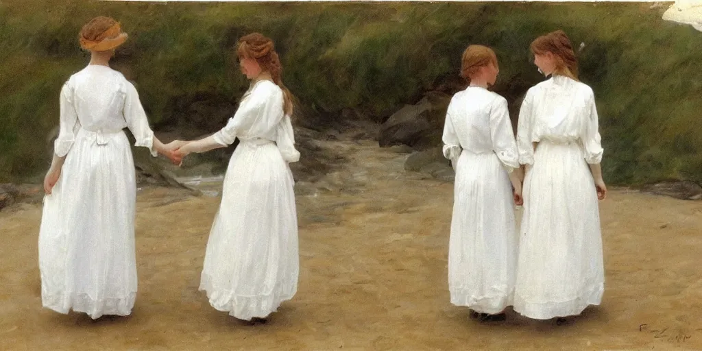 Image similar to 2 young edwardian women wearing white dresses hold hands on a beach in Sweden, in the style of Anders Zorn