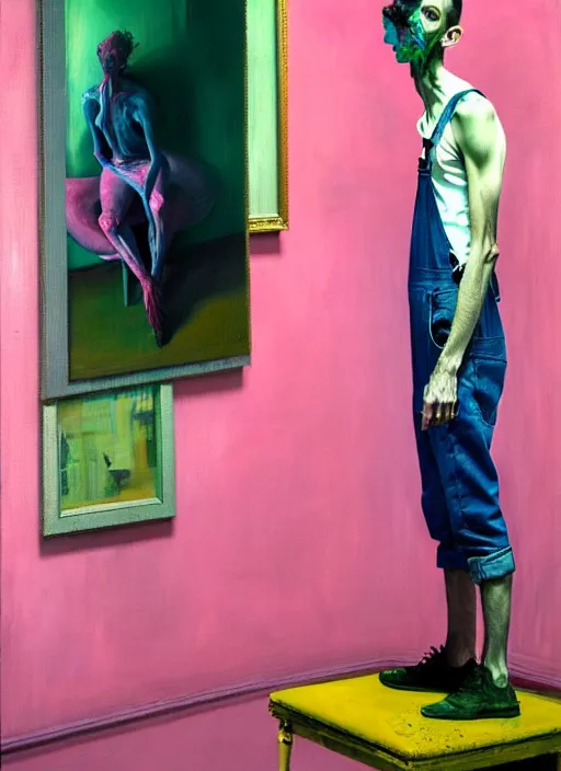 Image similar to an insane, skinny, artist wearing overalls, expressive painting the walls inside a grand messy studio, depth of field, hauntingly surreal, highly detailed painting by francis bacon, edward hopper, adrian ghenie, glenn brown, and james jean, soft light 4 k in pink, green and blue colour palette, cinematic composition,