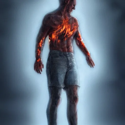 Image similar to person half burning half frozen, full body art, realistic detailed concept art, digital art, hyperrealistic
