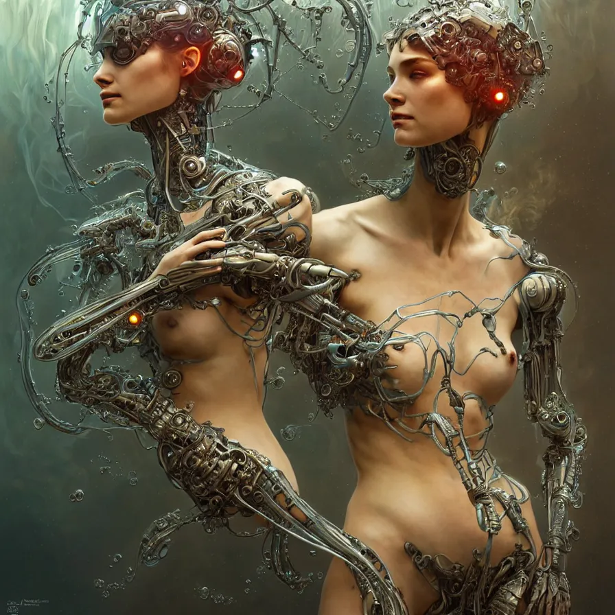 Image similar to organic cyborg, water and smoke sculpture, diffuse lighting, fantasy, intricate, elegant, highly detailed, lifelike, photorealistic, digital painting, artstation, illustration, concept art, smooth, sharp focus, art by john collier and albert aublet and krenz cushart and artem demura and alphonse mucha