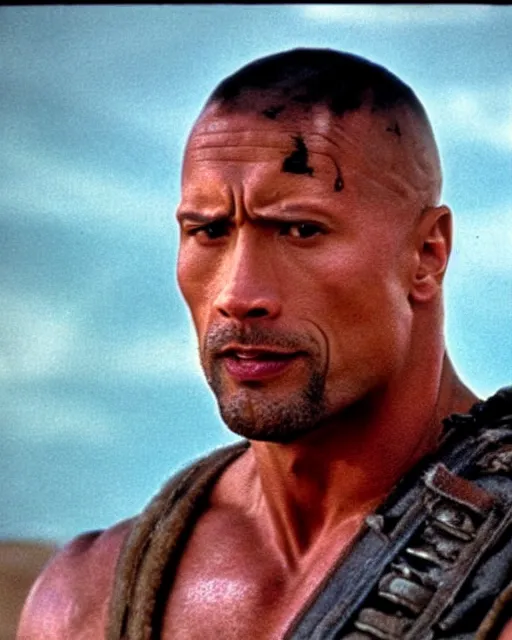 Image similar to film still close up shot of dwayne johnson as max rockatansky in the movie mad max 2 the road warrior. photographic, photography