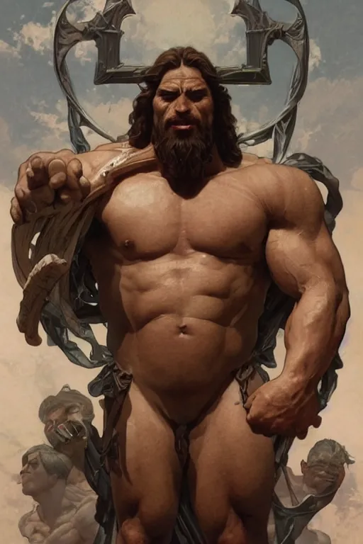 Image similar to hulking herculean ogre jesus christ, on the cross, masterpiece, intricate, elegant, highly detailed, digital painting, artstation, concept art, smooth, sharp focus, illustration, art by artgerm and greg rutkowski and alphonse mucha and uang guangjian and gil elvgren and sachin teng, symmetry!!