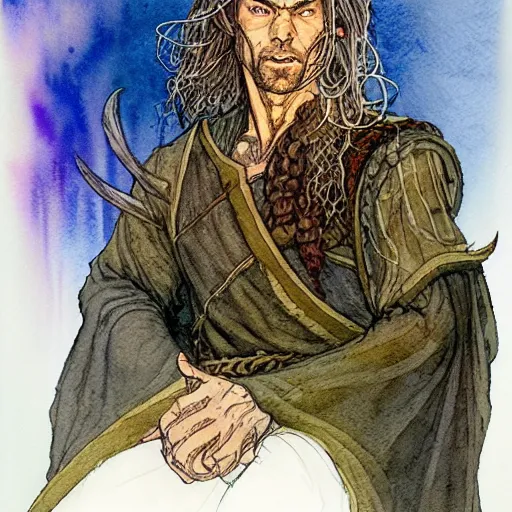 Image similar to a realistic and atmospheric watercolour fantasy character concept art portrait of andy mccoy as a druidic warrior wizard looking at the camera with an intelligent gaze by rebecca guay, michael kaluta, charles vess and jean moebius giraud