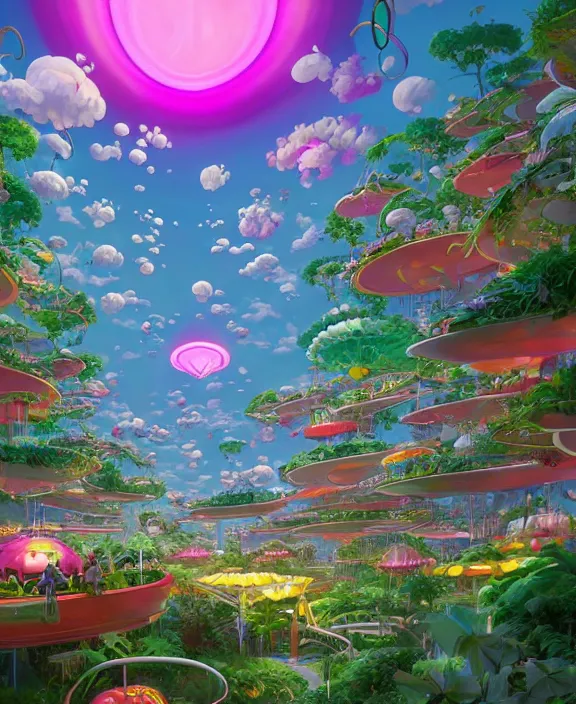 Prompt: simplicity, an elegant amusement park made out of seamless fat asymmetrical organic creatures, in the style of an aerodynamic blobby spaceship, overgrown with orchids, partly cloudy, sun - drenched, dramatic lighting, by dan mumford, yusuke murata, makoto shinkai, ross tran, cinematic, unreal engine, cel shaded, featured on artstation, pixiv