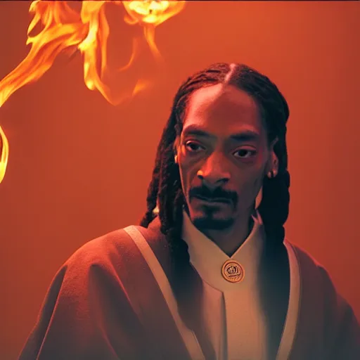 Image similar to cinematic film still of Snoop Dogg starring as a Samurai holding fire, Japanese CGI, VFX, 2022, 40mm lens, shallow depth of field, film photography