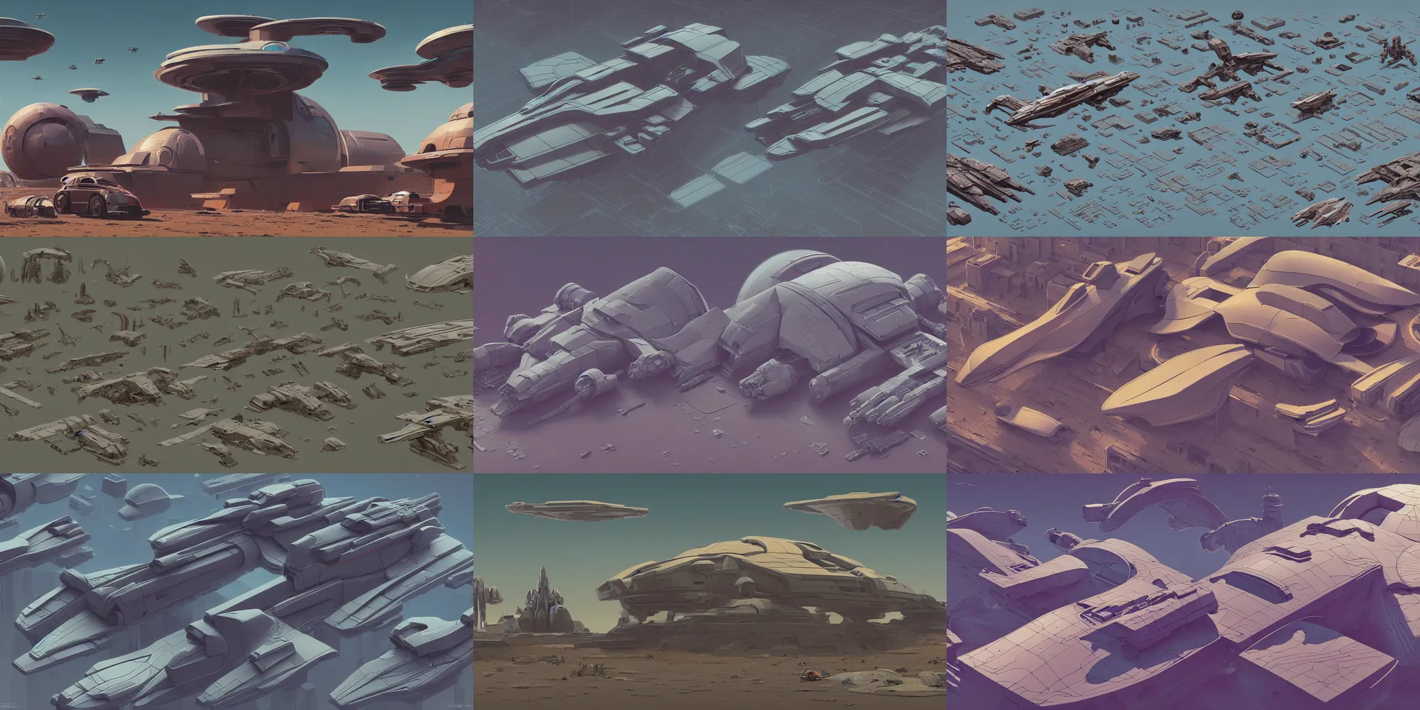 Prompt: collection of exploration of form and shapes, in style of moebius, props, hard surface, panel, simon stalenhag, kitbash, items, gadget, big medium small, close up, greebles, spaceship, vehicles, speeder, pod racer, syd mead, george lucas