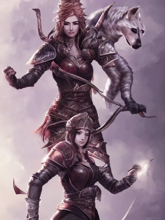 Image similar to a beautiful hyper realistic detailed epic concept art showing a noble knight women with her fist up and her spirit raccoon gradian above her, by artgerm, charlie bowater and harumi hironaka, in the style of dragon age, featured on artstation