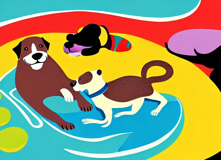 Prompt: dog and otter relaxing, colorful,modern art deco, disney poster, editorial illustration, detailed,