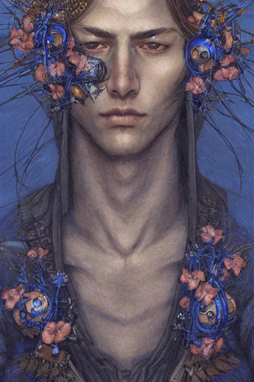 Image similar to portrait of beautiful young man, warhammer, japanic style, cyberpunk, a lot of scars, more and more flowers, blue head, the middle ages, highly detailed, artstation, illustration, art by jean delville, 8 k quality