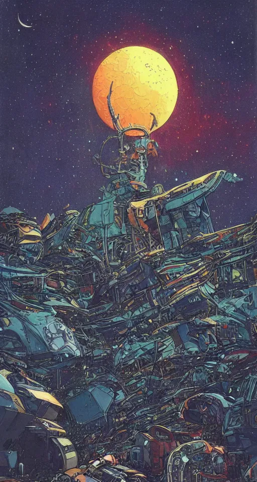 Prompt: low perspective from the base of a tall tall towering summit of junkyard scrap and twisted broken spaceships. starry background. science fiction art. illustration. moebius.