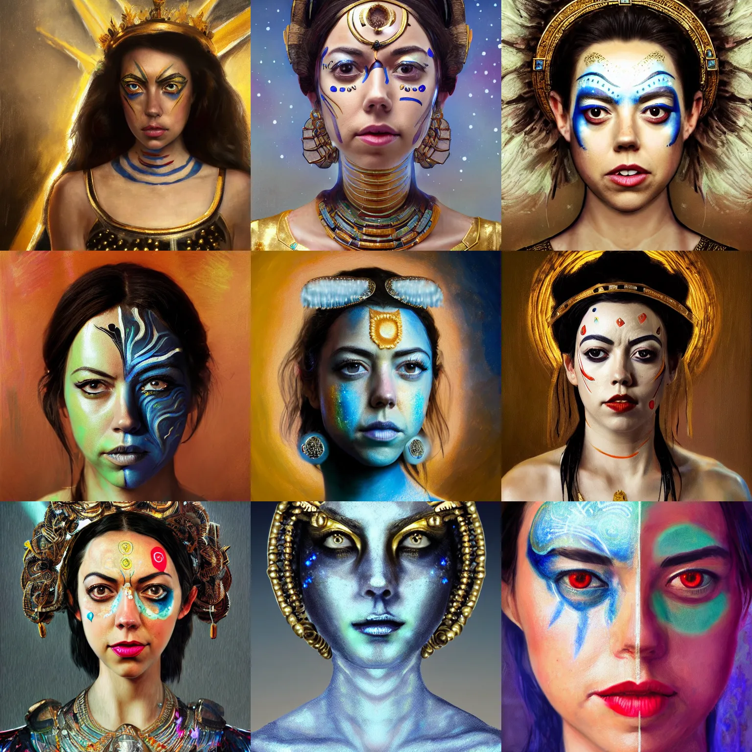 Prompt: aubrey plaza as the goddess of androids. intricate jewelry and face paint, flowing clean 4 k art trending on artstation by monet, rembrandt, oil painting, digital