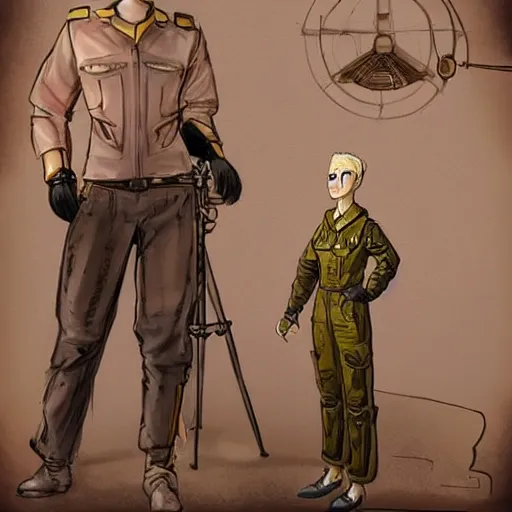Prompt: character concept art, highly detailed, heroic stoic emotionless butch blond woman engineer with very short slicked - back hair, narrow eyes, wearing atompunk jumpsuit, standing inside dreamy ornate observatory with big brass telescope, science fiction, mike mignogna, digital art