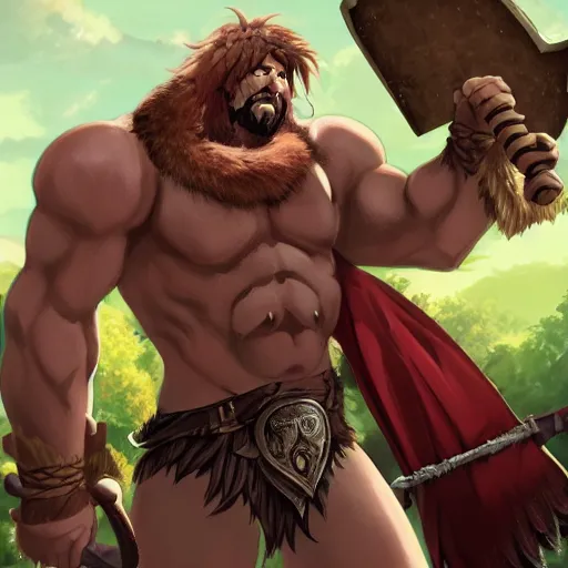 Image similar to bull man barbarian wearing a tattered loincloth with an giant axe, fursona, furry art, anthro, detailed dark brown fur, detailed long black hair, big horns, scars, anime key visual, makoto shinkai