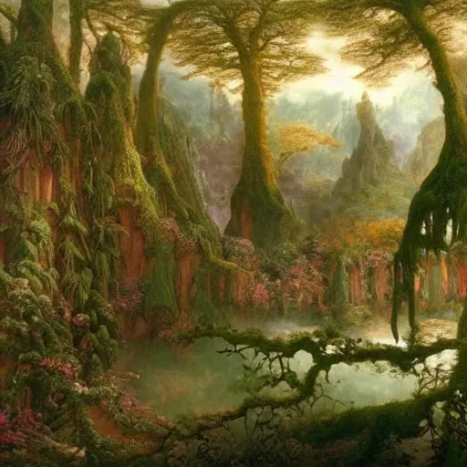 Image similar to a beautiful and highly ocd detailed matte painting of a magical garden of delights in a mystical forest in a dream like valley deep in the magical mountains of avalon, intricate details, epic scale, insanely complex, 8 k, sharp focus, hyperrealism, very realistic, by caspar friedrich, albert bierstadt, james gurney, brian froud,