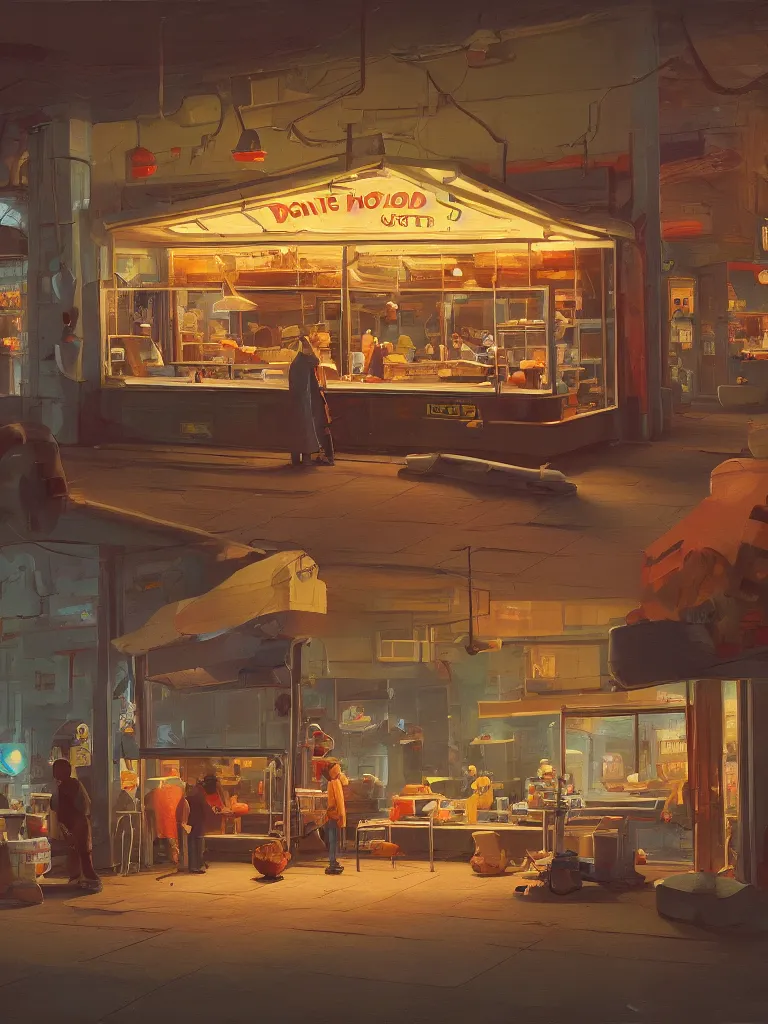 Image similar to a little donutshop in a painting from stalenhag, 4 k, 8 k, hdr, artstation, concept art