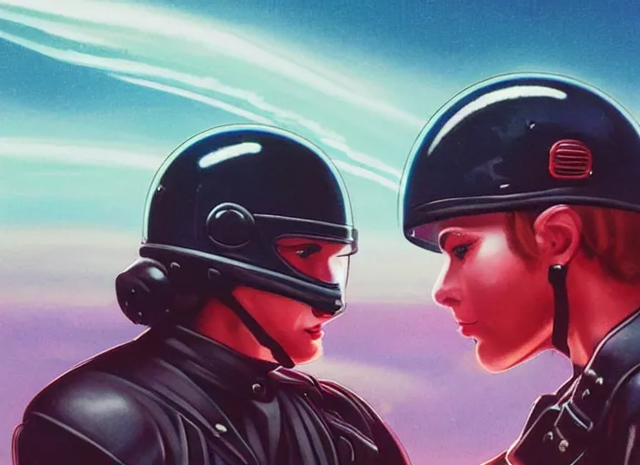 Prompt: beautiful extreme closeup portrait photo in style of frontiers two kissing policemen in motorcycle black scratched helmets, faint mauve iridescent sheen , narcotic beautiful mуn!! sexy glance , dense red clouds, lightning, UFO, science fashion magazine September retrofuturism edition, highly detailed, soft lighting, elegant , soft lighting, 85mm, Edward Hopper and James Gilleard, Zdzislaw Beksinski, Steven Outram