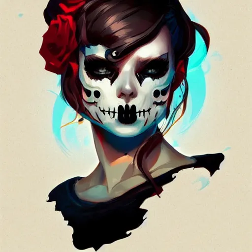Prompt: a portrait of a girl skull face, wallpaper, in the style of artgerm, charlie bowater, atey ghailan and mike mignola, vibrant colors and hard shadows and strong rim light, plain background, comic cover art, trending on artstation