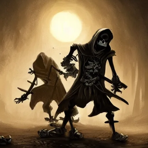 Prompt: dangerous skeletons wearing hoodies attacking a hamlet at night, dnd, dramatic, fantasy art