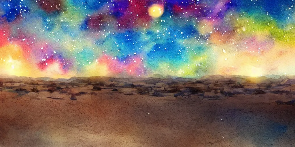 Image similar to desert with sky with stars in watercolor, cinematic, highly detailed wide, atmospheric lighting