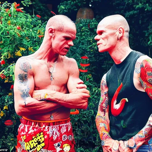 Prompt: A brightly coloured photo of Anthony Kiedis and Flea in a Chili-Pepper garden, 8k, warm dramatic lighting