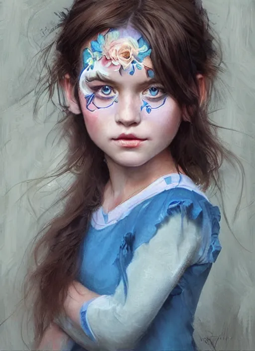 Prompt: a little girl with short wavy brown hair and blue eyes with her face painted. face painting of flowers. beautiful highly detailed face. painting by artgerm and greg rutkowski and raymond swanland.