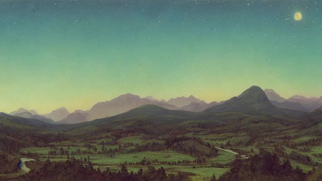 Image similar to The most beautiful panoramic landscape, oil painting, where the mountains are towering over the valley below their peaks shrouded in mist. The moon is high in the sky producing a warm glow and the sky dark purple and filled with stars and cirrus clouds. The river is winding its way through the valley and the trees are vivid green, by Greg Rutkowski, aerial view