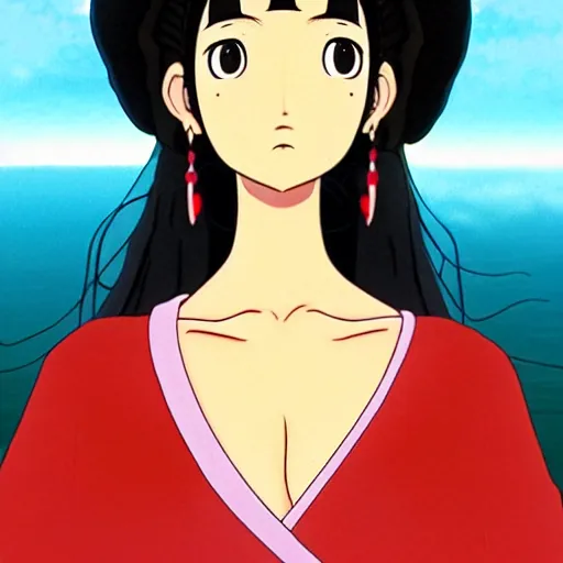 Prompt: beautiful mexican woman, tall, dark skin, septum piercing and nose ring, prominent cheek bones, black hair and brown eyes, studio ghibli art style, art by hayao miyazaki, makoto shinkai