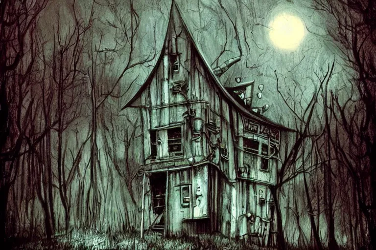 Image similar to mad horror painting of a futuristic alien witch house in the woods by ben templesmith