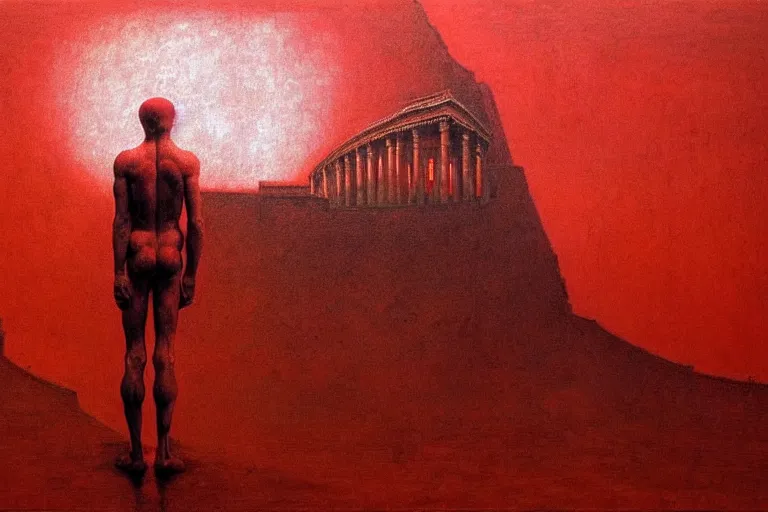 Image similar to only with red, caesar after win war, the deal, a red tiger, in hoc signo vinces, rome in background, an ancient path, in the style of beksinski, part by hopper, part by rodcenko, part by hofbauer, intricate composition, red by caravaggio, insanely quality, highly detailed, masterpiece, red light, artstation