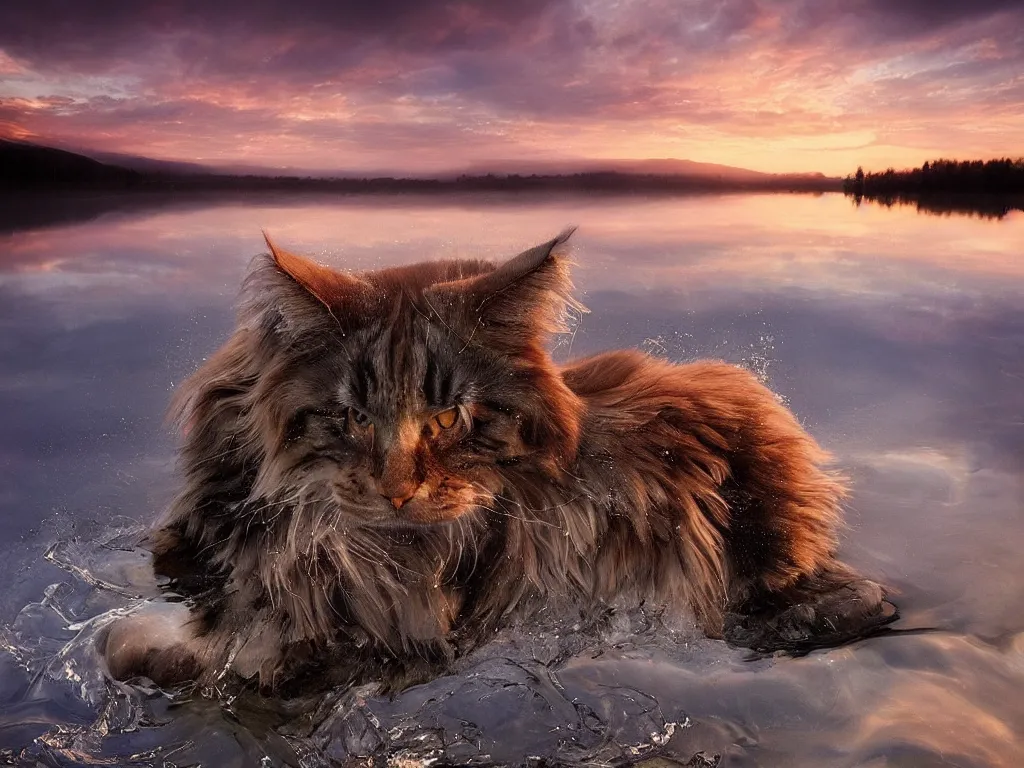 Image similar to amazing landscape photo of a maine coon bathing in a lake in sunset by marc adamus, beautiful dramatic lighting