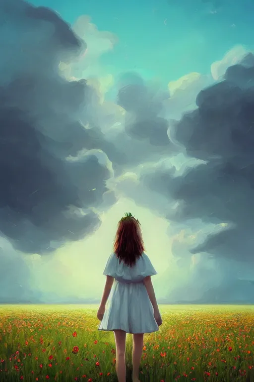 Image similar to giant white flower head, girl walking in a flower field, surreal photography, sunrise, dramatic light, impressionist painting, colorful clouds, digital painting, artstation, simon stalenhag