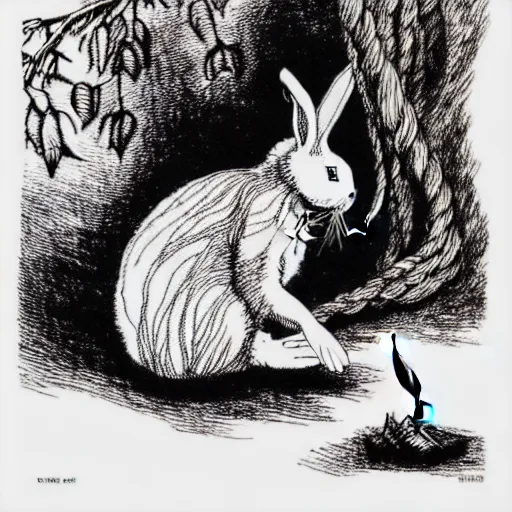 Prompt: a pen and ink drawing of a white rabbit smoking a cigarette while reclining in a deep dark tangled forest, a lingering smoke cloud, childrens book illustration, by edward gorey, by gustav dore