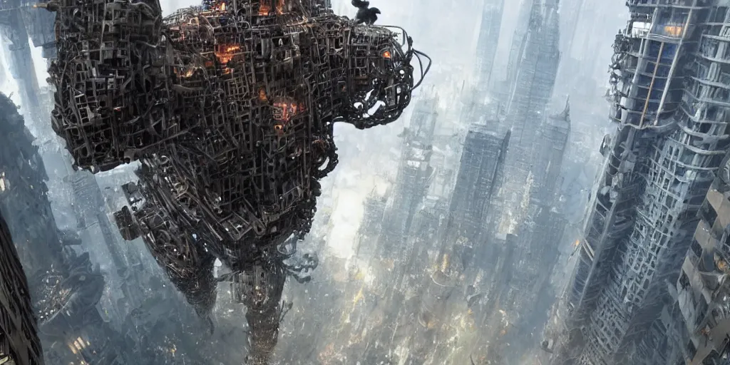 Prompt: a giant cyborg king kong climbing a skyscraper made from mechanical parts, greg rutkowski, 8 k, shallow depth of field, intricate detail, concept art,