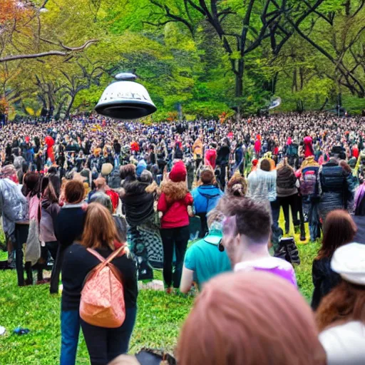 Prompt: a crowd of people watching and waving to a departing ufo in Central Park