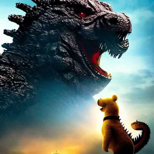 Image similar to godzilla with the head of winnie the pooh and the face of xi jinping, cinematic composition, epic dramatic lighting, realistic, hyperdetailed, photorealistic, photograph, epic scale