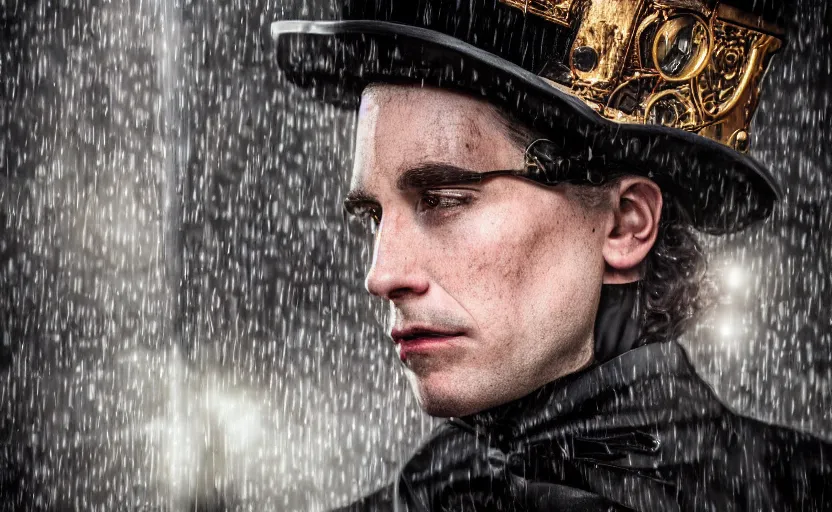 Prompt: cinestill 5 0 d candid photographic portrait by david cronenberg of baroque steampunk cyborg gentleman wearing an edwardian suit and top hat, modern cyberpunk moody emotional cinematic, closeup, pouring rain menacing lights shadows, 8 k, hd, high resolution, 3 5 mm, f / 3 2, ultra realistic faces, ex machina