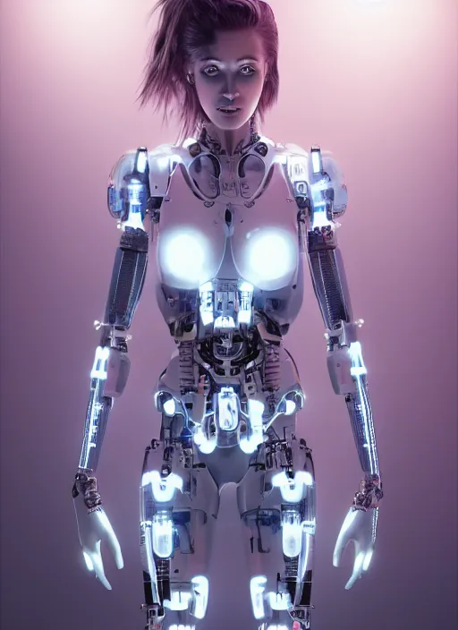 Image similar to photorealistic detailed full body picture of a female cyborg, pretty face, neon lights, white suit, humanoid, extreme, uhdr, book called the most influental cyborg in 2 0 5 0, fine details, highly detailed, intricate, smooth sharp focus