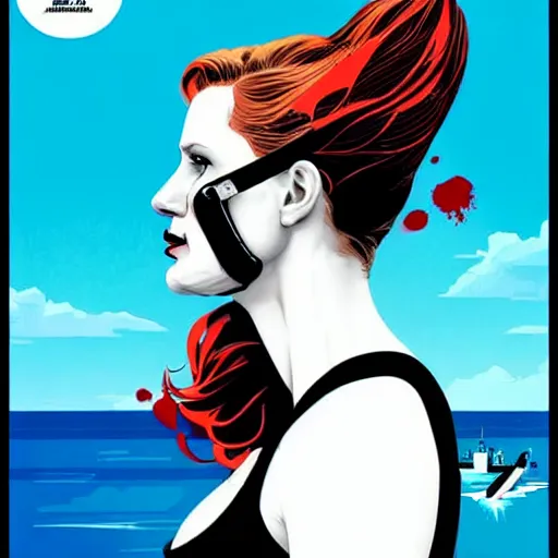 Prompt: a profile photo of a jessica chastain woman with a diving oxygen mask with side profile blood in ocean intricate details by MARVEL comics and Sandra Chevrier-C