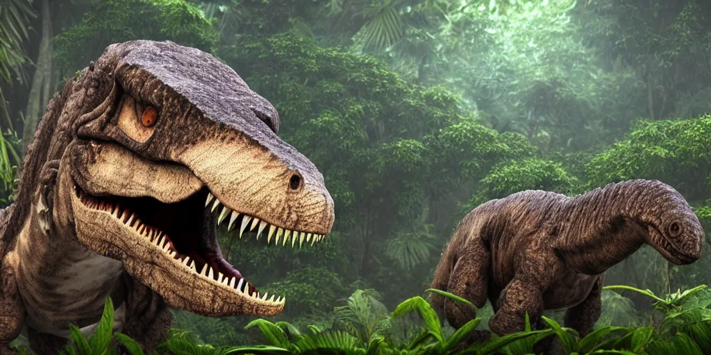 Prompt: photo realism, fluffy tyrannosaurus rex, jungle background, 4 k, detailed